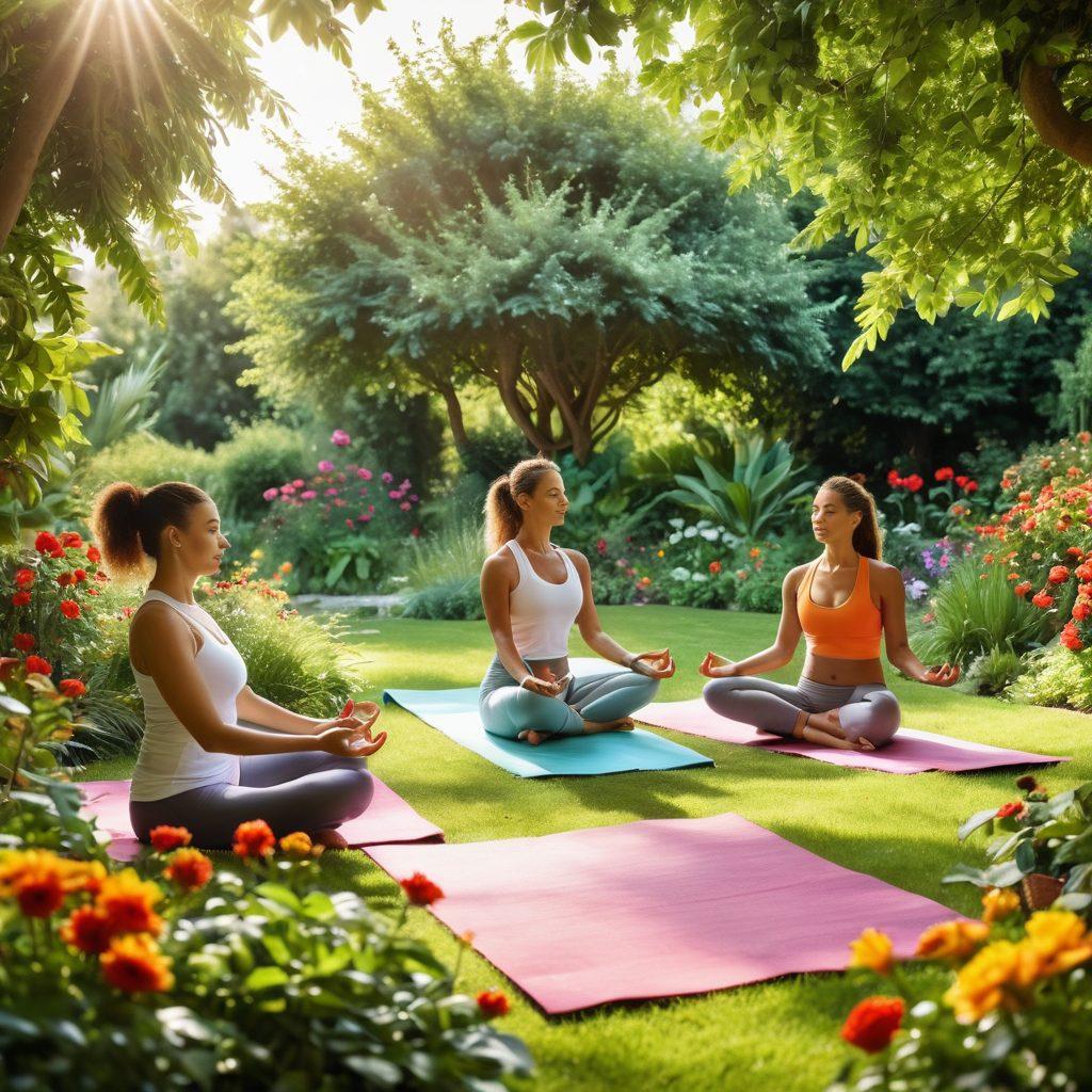 A serene wellness scene showcasing a diverse group of individuals practicing yoga in a sunlit garden, surrounded by lush greenery and colorful flowers, symbolizing mindfulness. Nearby, a table is set with fresh, organic fruits and a vibrant salad, representing nutrition. In the background, fitness activities like jogging and cycling take place, signifying an active lifestyle. The overall mood is calm and uplifting, promoting holistic health and well-being. vibrant colors. 3D. peaceful atmosphere.