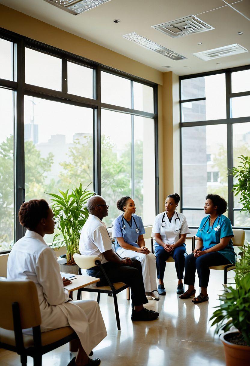 A serene scene depicting a diverse group of patients and healthcare professionals engaged in a supportive group discussion, with natural light streaming in from a large window. Include elements of wellness like plants and calming colors, along with medical symbols subtly integrated into the background. Showcase warmth, hope, and empowerment in their expressions. soft-focus. vibrant colors. positive atmosphere.